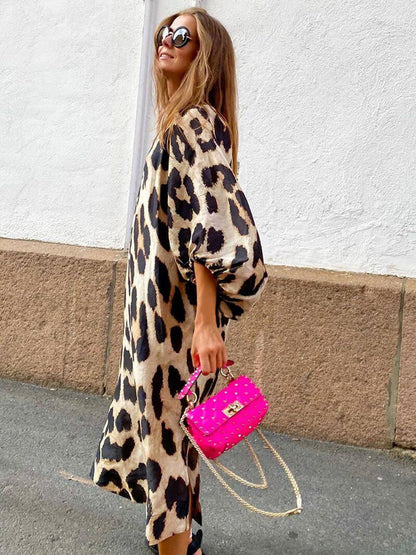 Vestido midi para mujer con estampado animal manga abullonada - Renata