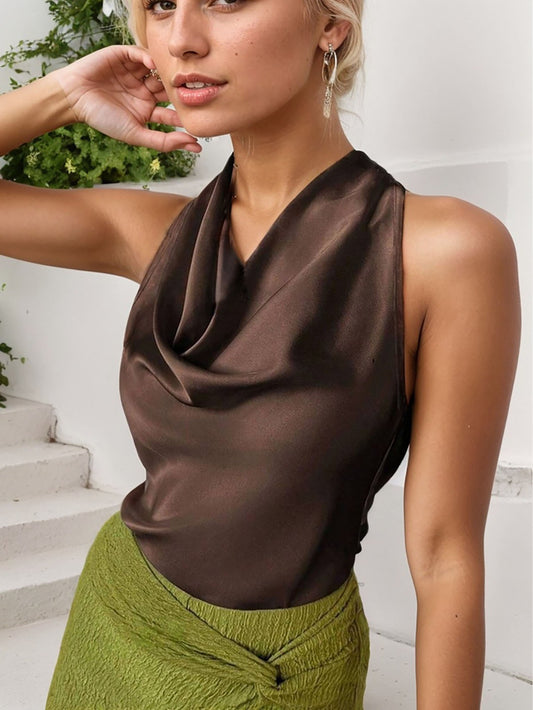 Blusa sin mangas mujer satén escote drapeado marrón - Loren