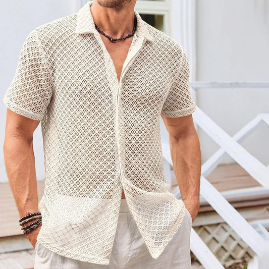 Camisa para hombre de tejido calado de manga corta con estilo veraniego - Marco