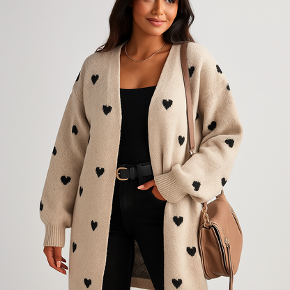 Cardigan de mujer largo con corazones bordados - Idris