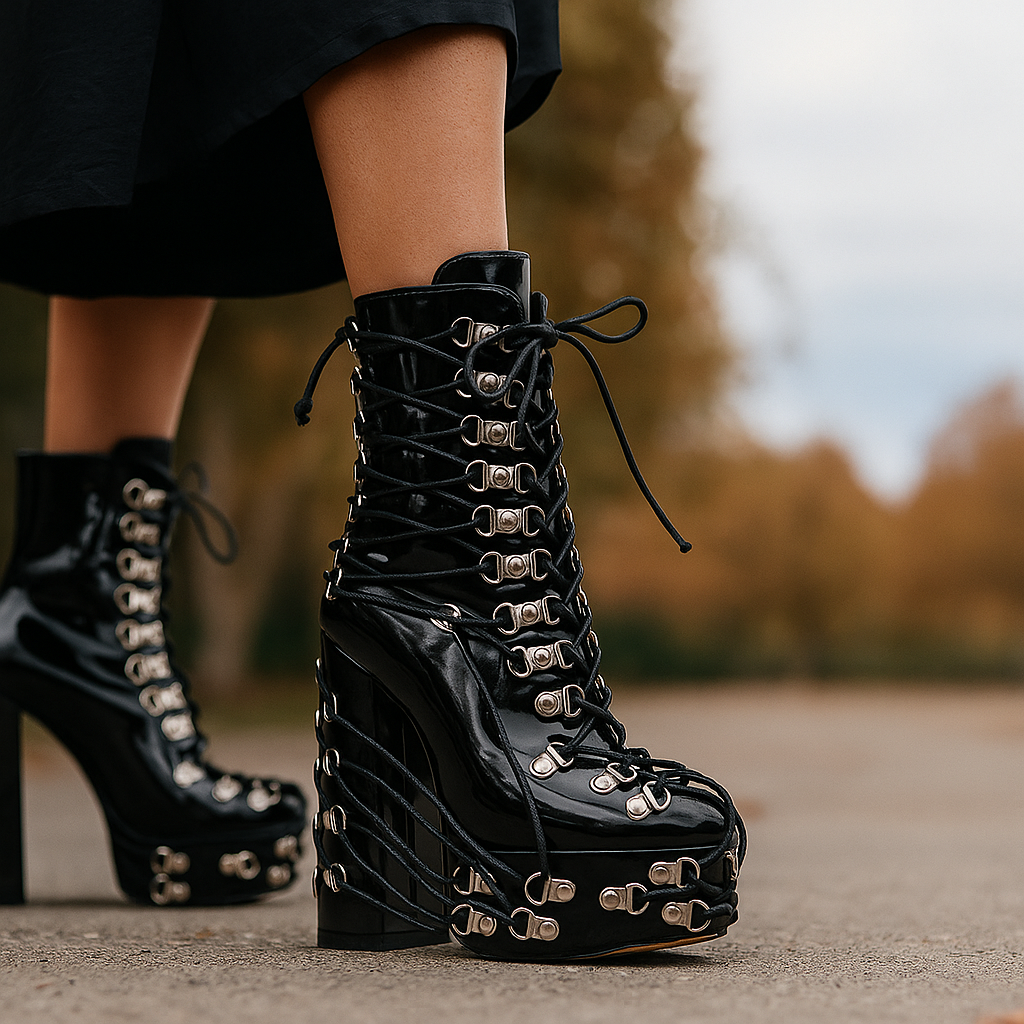 Botas mujer plataforma caña alta piel vegana con cordones decorativos - Mireya