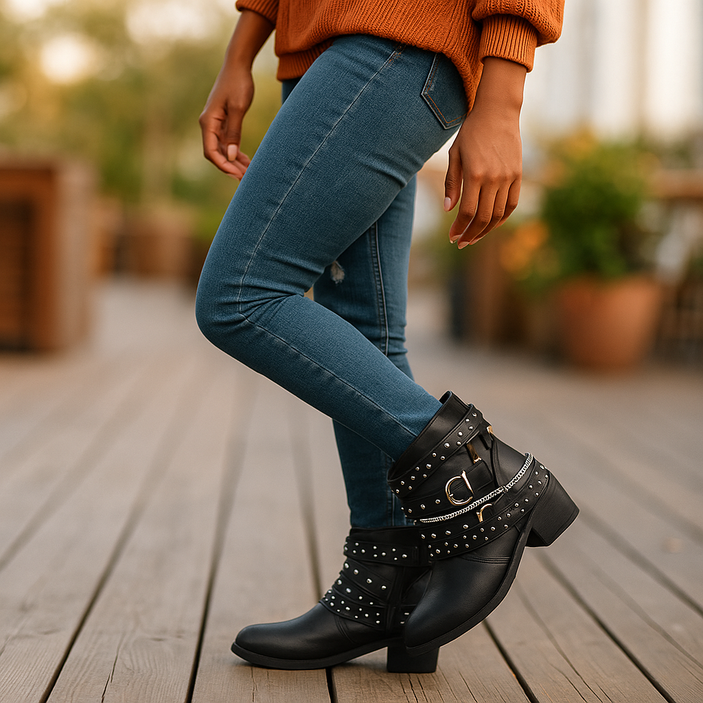 Botas mujer caña baja piel vegana con hebillas y cadenas - Leticia