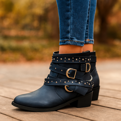 Botas mujer caña baja piel vegana con hebillas y cadenas - Leticia