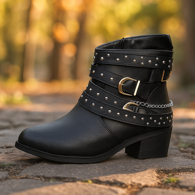 Botas mujer caña baja piel vegana con hebillas y cadenas - Leticia