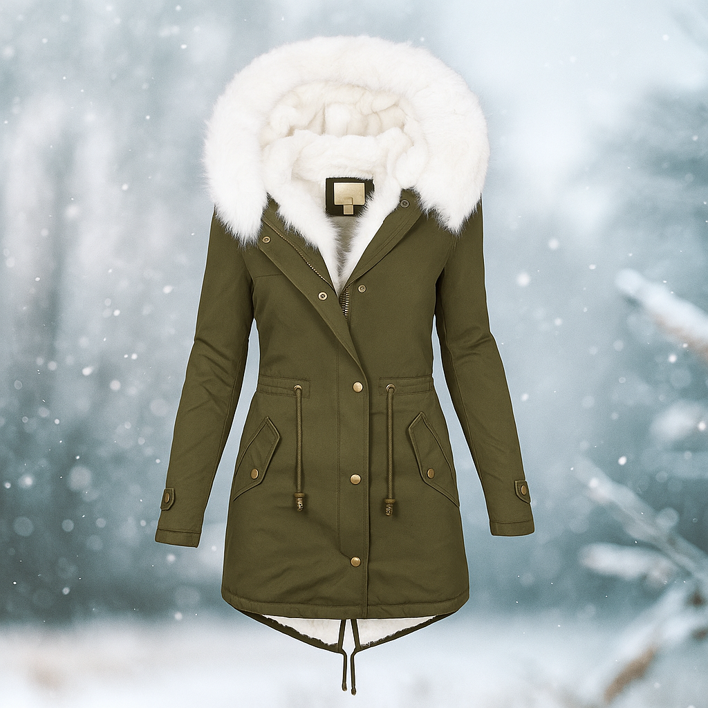 Abrigo de invierno elegante con capucha de pelo sintetico - Paula