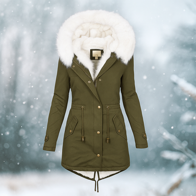 Abrigo de invierno elegante con capucha de pelo sintetico - Paula