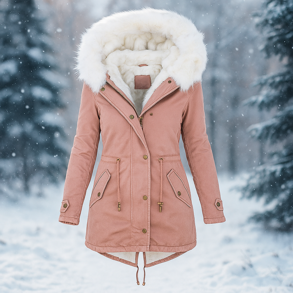 Abrigo de invierno elegante con capucha de pelo sintetico - Paula