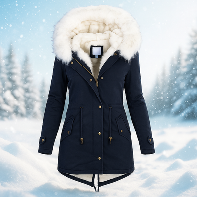 Abrigo de invierno elegante con capucha de pelo sintetico - Paula