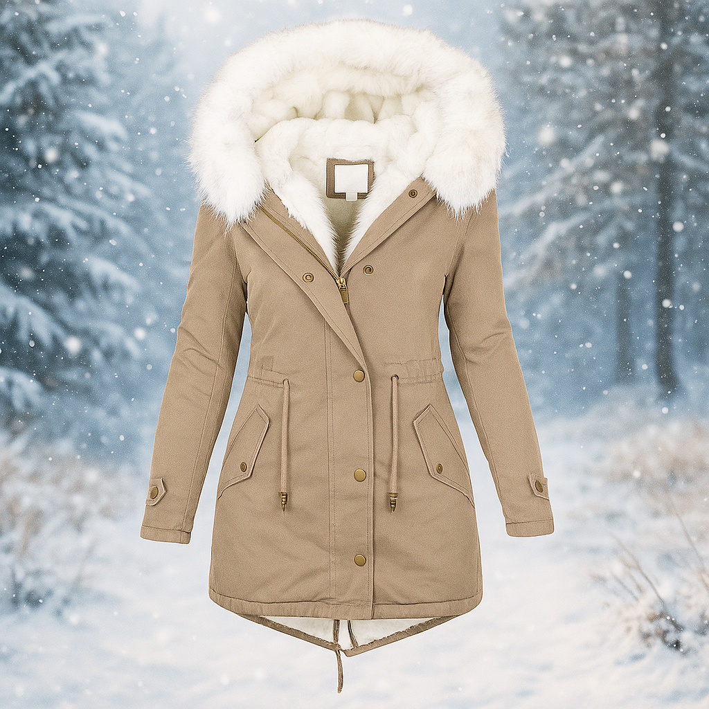 Abrigo de invierno elegante con capucha de pelo sintetico - Paula