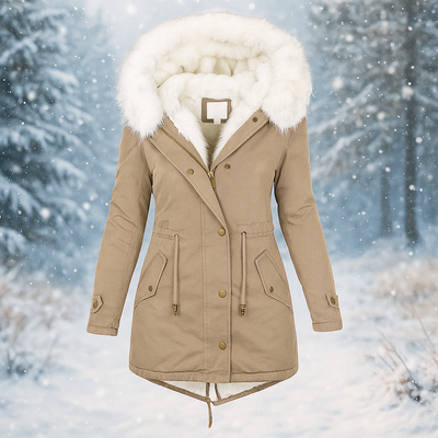 Abrigo de invierno elegante con capucha de pelo sintetico - Paula