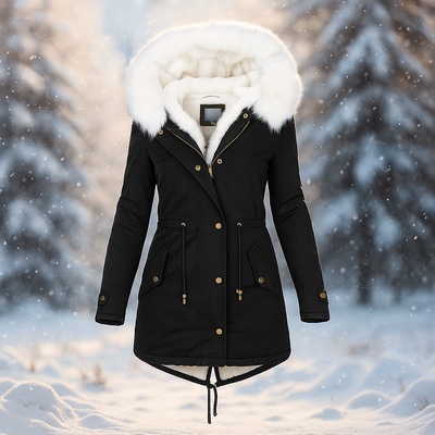 Abrigo de invierno elegante con capucha de pelo sintetico - Paula