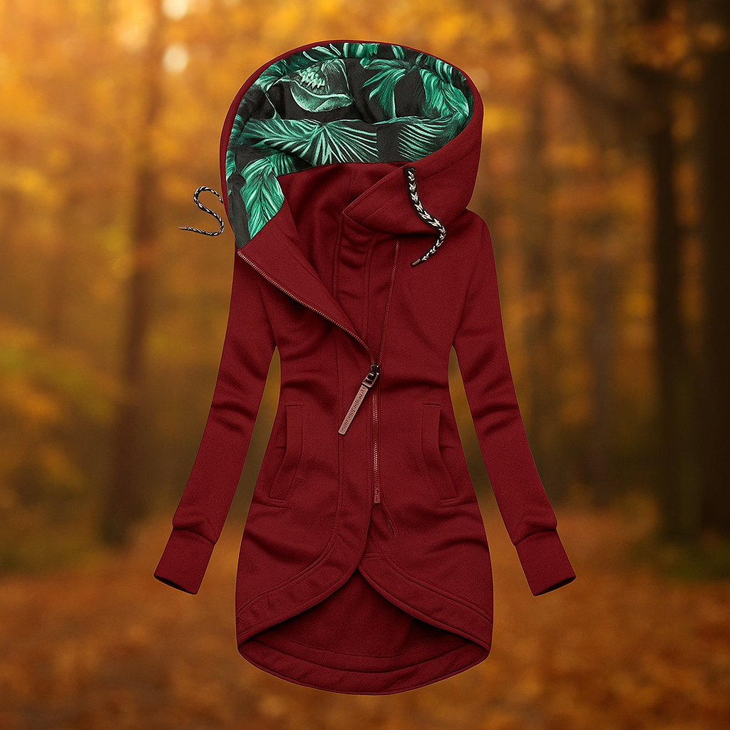 Chaqueta larga con capucha estampada y diseño asimetrico - Ivanna