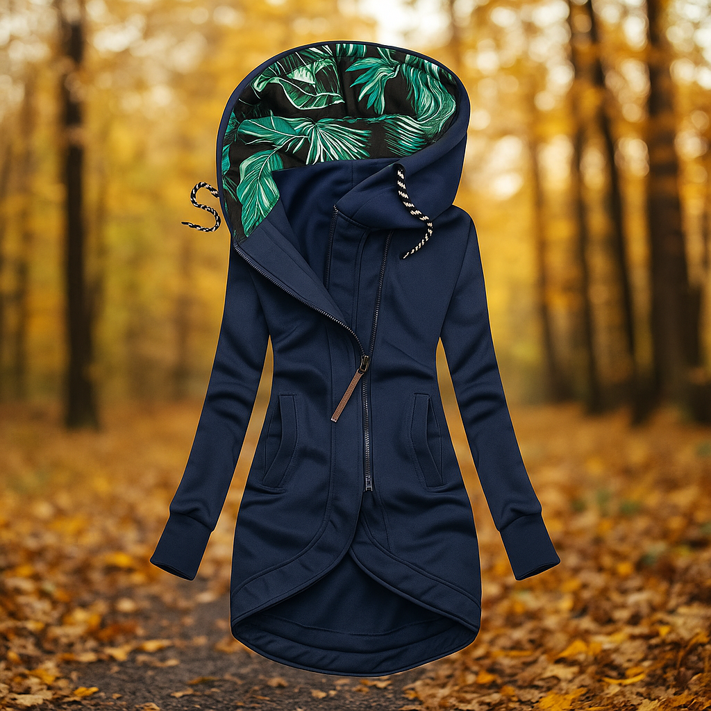 Chaqueta larga con capucha estampada y diseño asimetrico - Ivanna