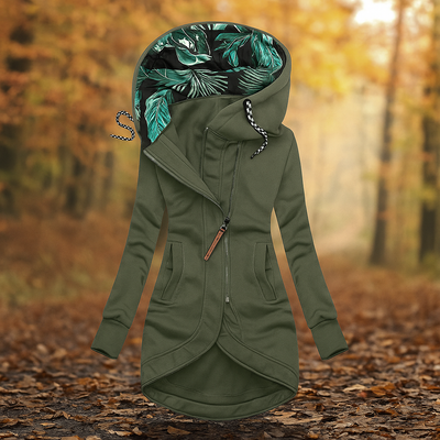 Chaqueta larga con capucha estampada y diseño asimetrico - Ivanna