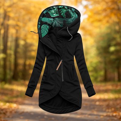 Chaqueta larga con capucha estampada y diseño asimetrico - Ivanna