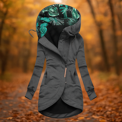 Chaqueta larga con capucha estampada y diseño asimetrico - Ivanna