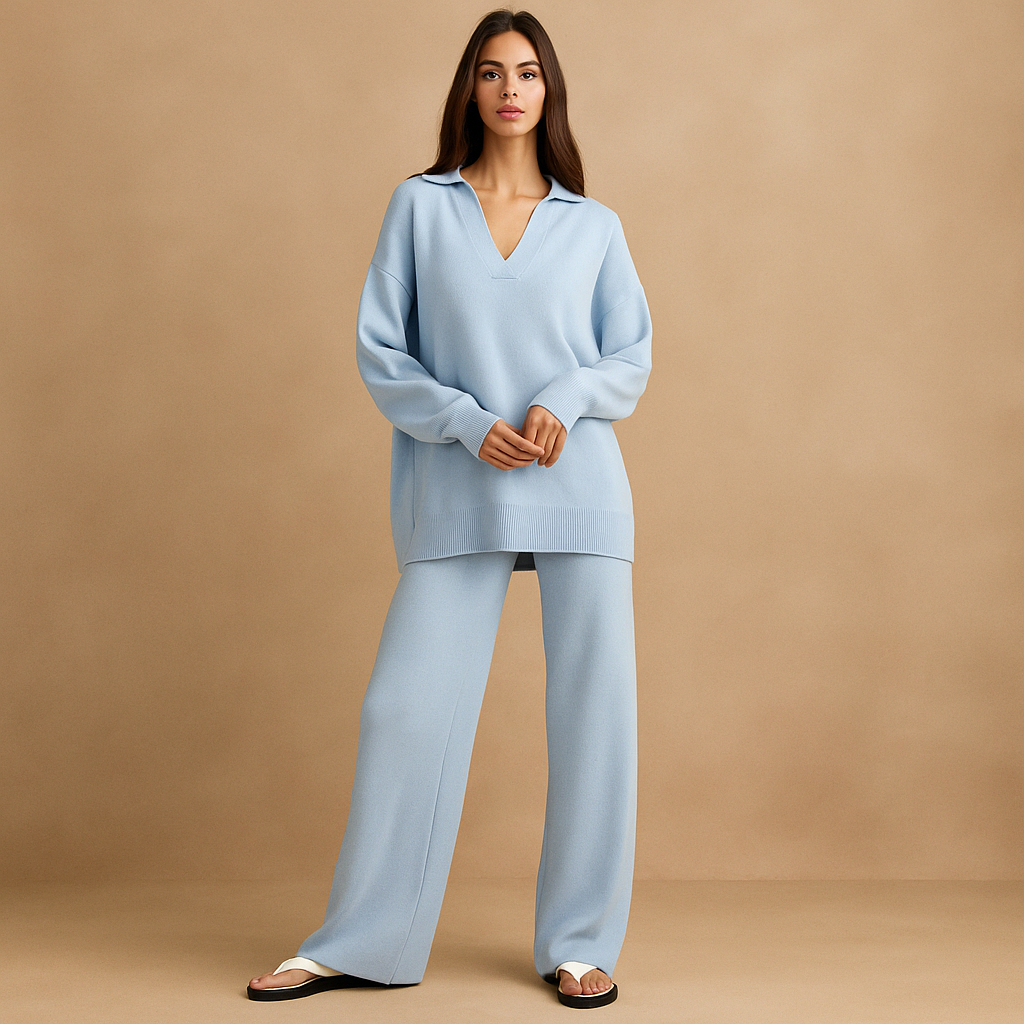 Conjunto mujer punto relajado jersey cuello polo y pantalon ancho - Laadukas