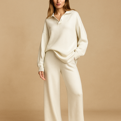 Conjunto mujer punto relajado jersey cuello polo y pantalon ancho - Laadukas