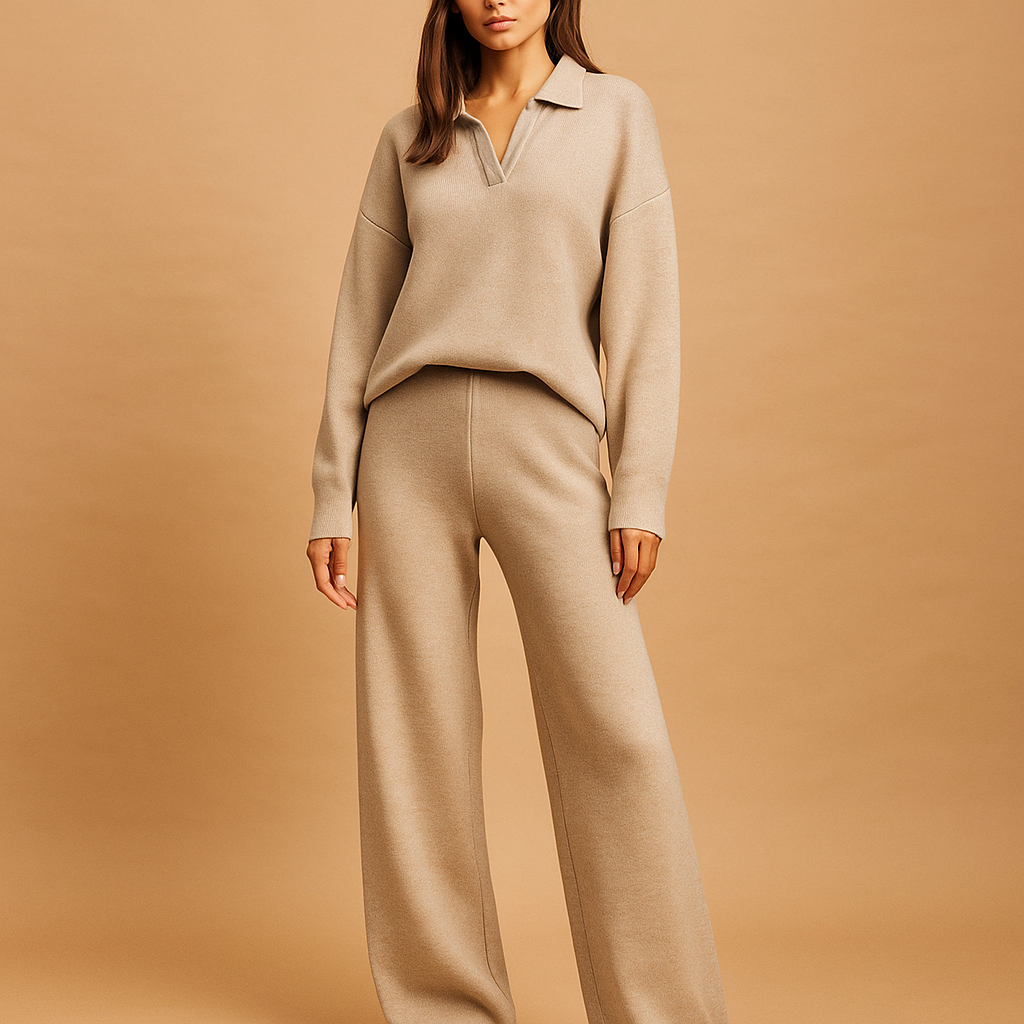 Conjunto mujer punto relajado jersey cuello polo y pantalon ancho - Laadukas