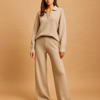 Conjunto mujer punto relajado jersey cuello polo y pantalon ancho - Laadukas