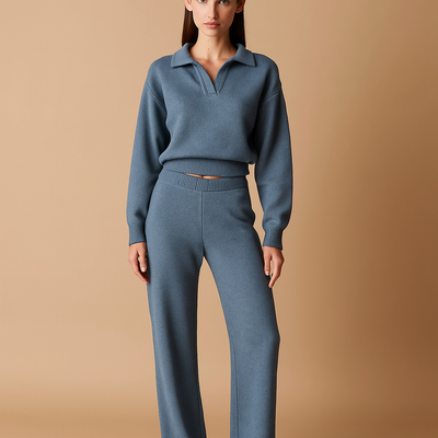 Conjunto mujer punto relajado jersey cuello polo y pantalon ancho - Laadukas