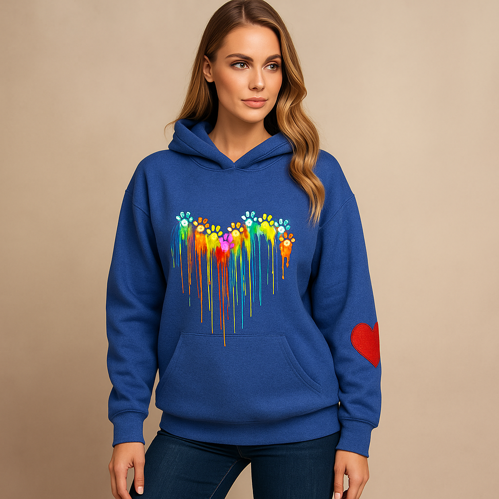 Sudadera mujer capucha estampado huellas corazon multicolor - Laura