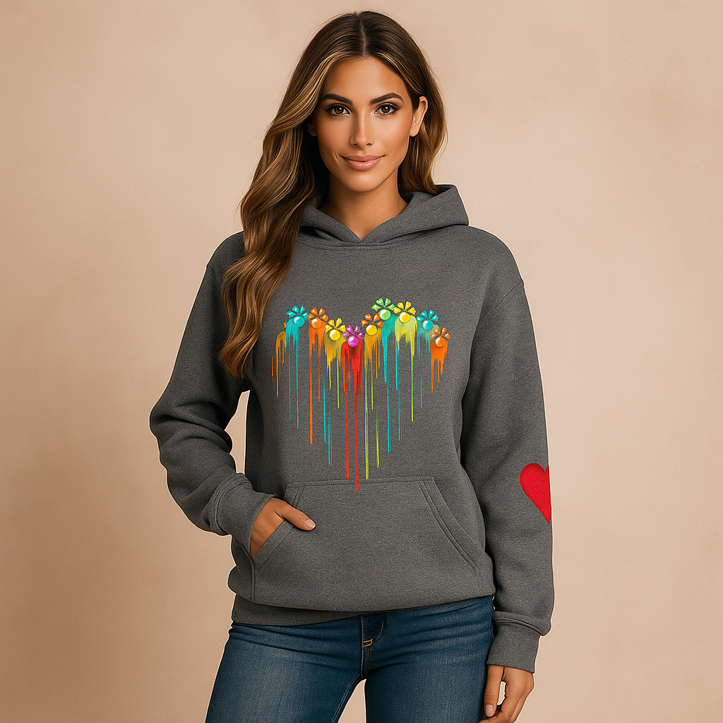 Sudadera mujer capucha estampado huellas corazon multicolor - Laura