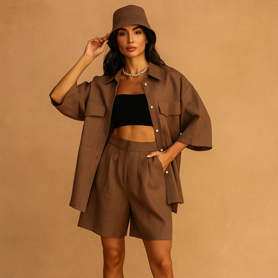Conjunto mujer lino camisa y shorts con sombrero - Anja