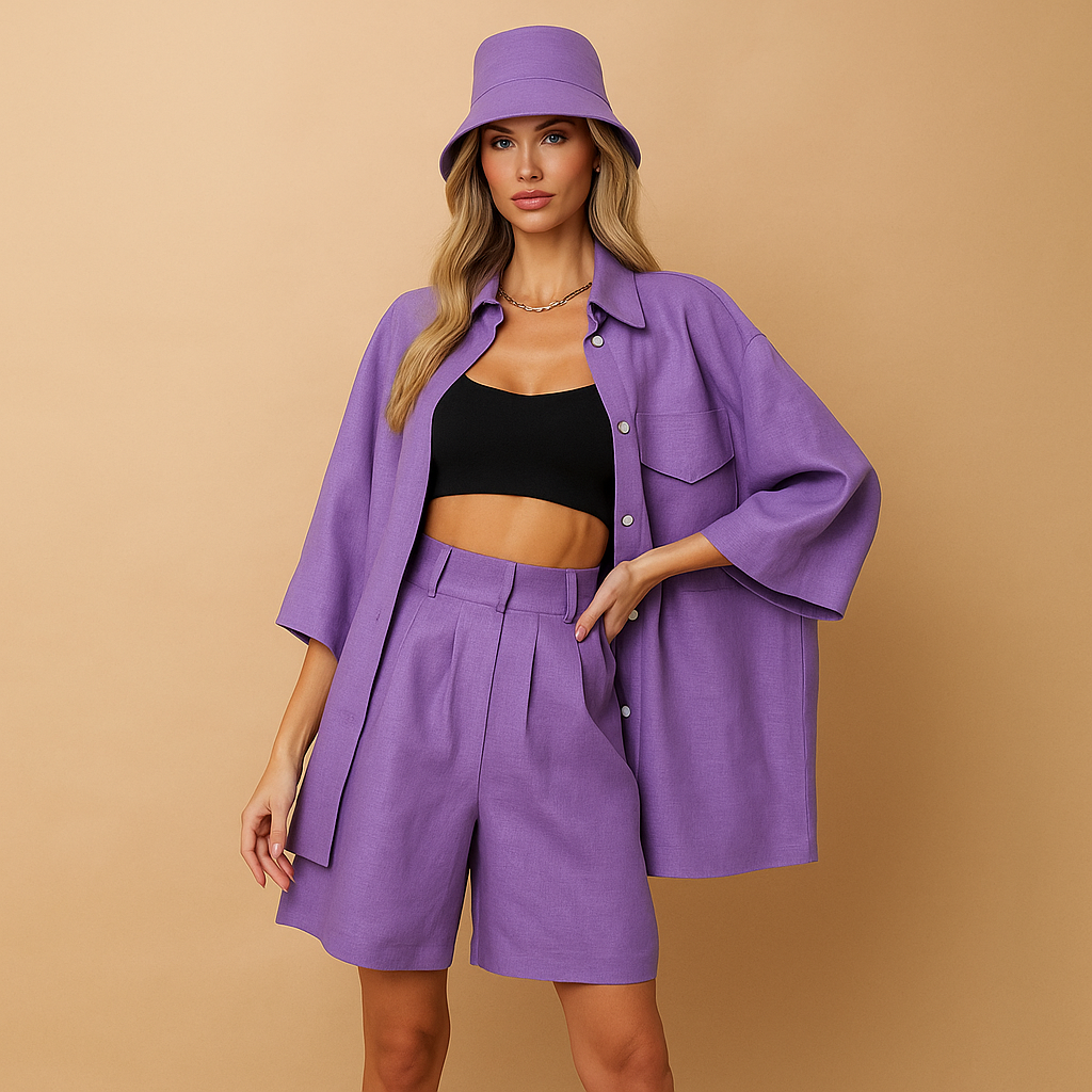 Conjunto mujer lino camisa y shorts con sombrero - Anja