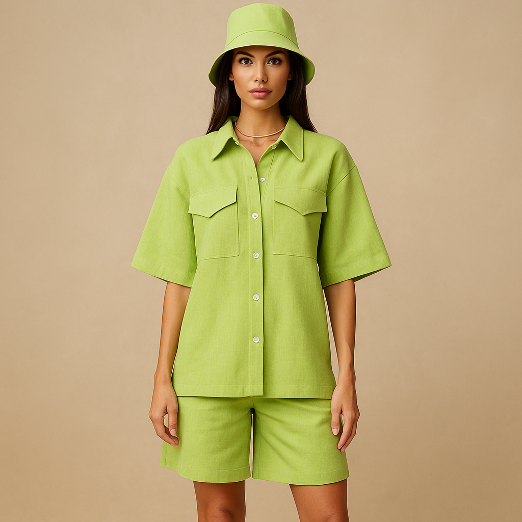 Conjunto mujer lino camisa y shorts con sombrero - Anja