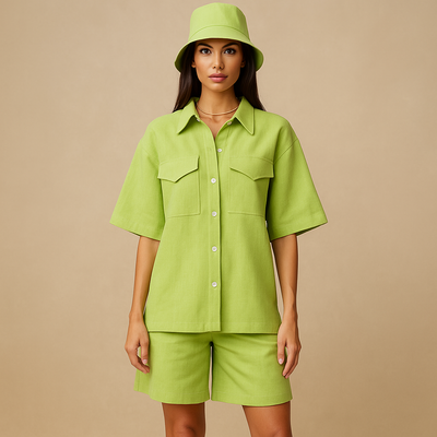 Conjunto mujer lino camisa y shorts con sombrero - Anja