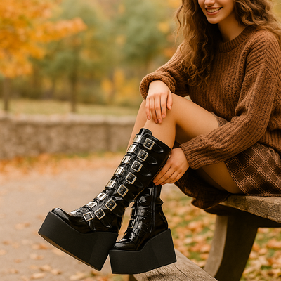 Botas mujer plataforma caña media piel vegana con hebillas - Melody