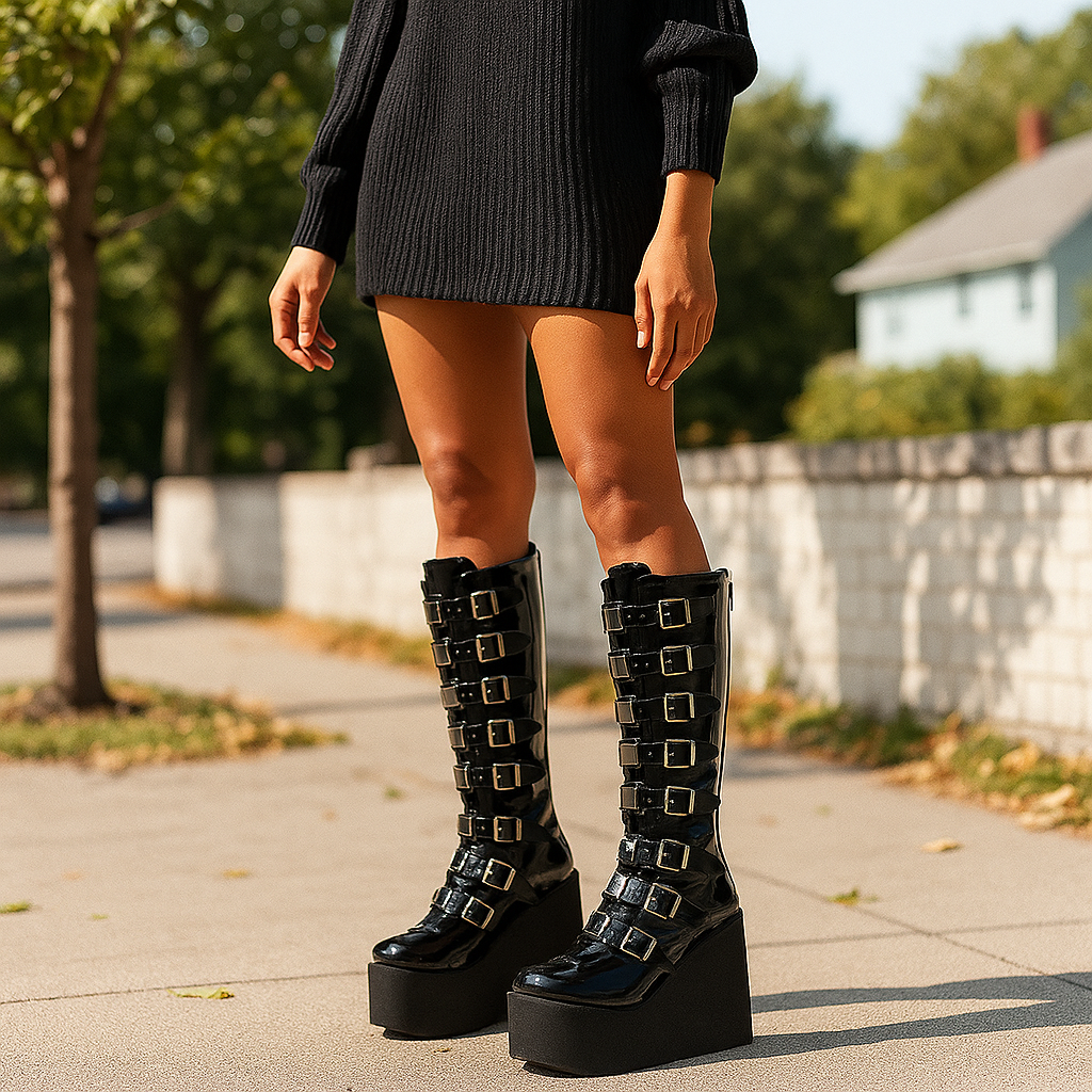 Botas mujer plataforma caña media piel vegana con hebillas - Melody