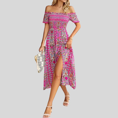 Aurora - Maxivestido boho con hombros al descubierto y volantes