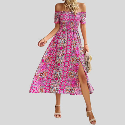 Aurora - Maxivestido boho con hombros al descubierto y volantes