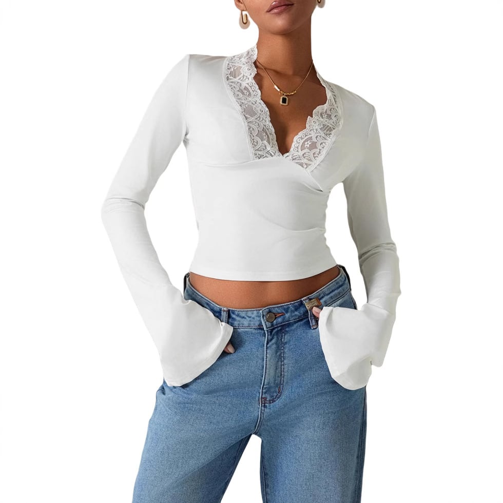 Sissi - Camiseta con cuello en V estrecho de encaje