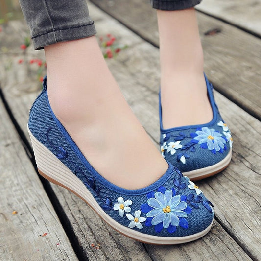 Zapatos de cuña para mujer bordado floral artesanal - Amelia