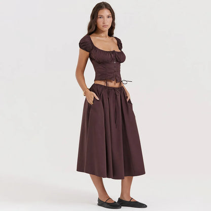 Tania - Conjunto de top y falda de manga abullonada y cuello cuadrado