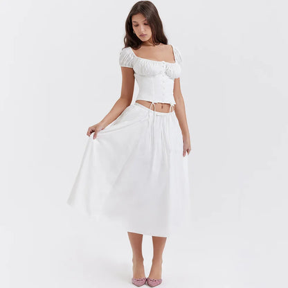 Tania - Conjunto de top y falda de manga abullonada y cuello cuadrado