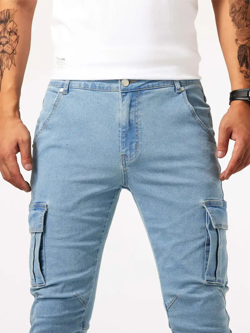 Pantalón cargo hombre ajustado denim elástico azul claro - Denver