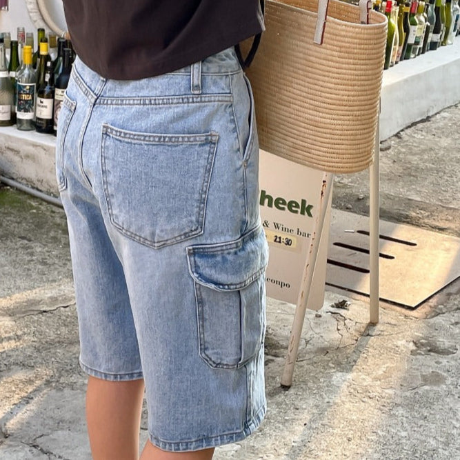 Pantalones cortos para mujer denim con bolsillos cargo estilo holgado - Elina
