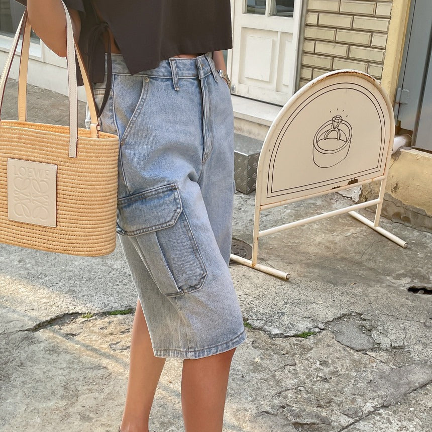 Pantalones cortos para mujer denim con bolsillos cargo estilo holgado - Elina