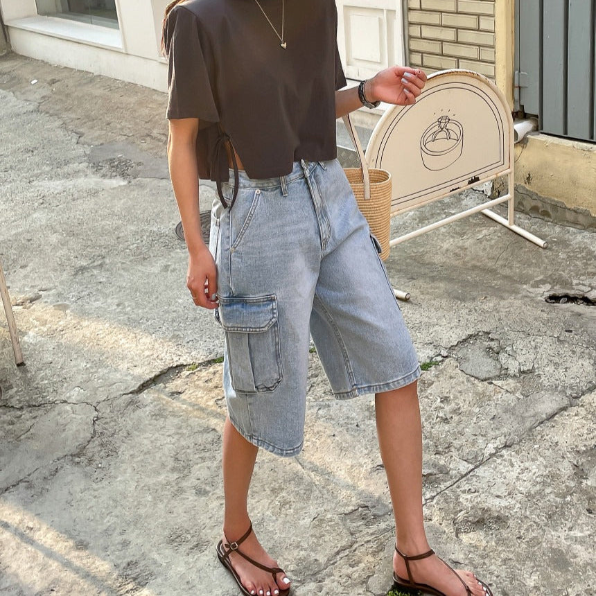 Pantalones cortos para mujer denim con bolsillos cargo estilo holgado - Elina