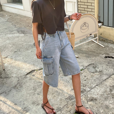 Pantalones cortos para mujer denim con bolsillos cargo estilo holgado - Elina