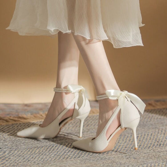 Zapatos de tacón para mujer lazo satinado con pulsera perla - Celeste