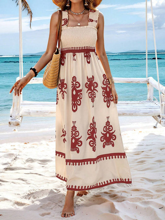 Vestido largo mujer estampado bohemio tirantes playa beige y negro - Zahara