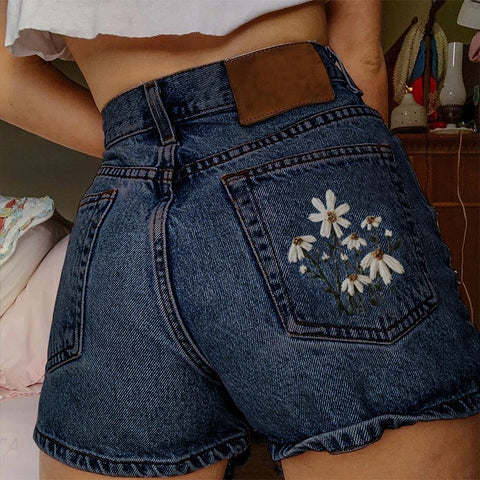 Shorts vaqueros para mujer tiro alto estilo vintage - Celeste