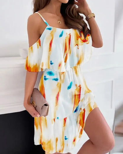 Vestido corto para mujer gasa floral con volantes y hombros descubiertos - Emilia