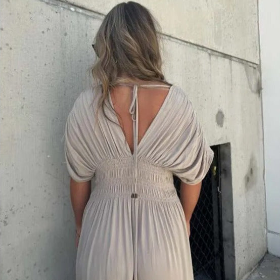 Vestido largo para mujer de escote en V con cintura fruncida - Renata