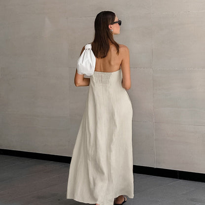 Vestido largo para mujer de lino algodón escote palabra de honor - Elodie